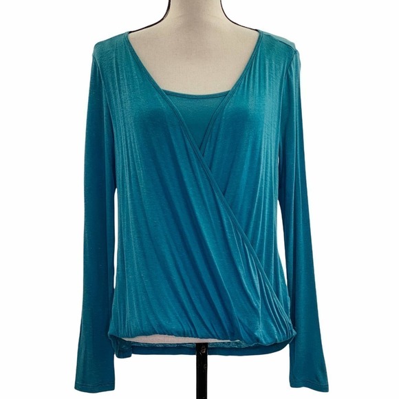 GILLIO Teal Blue Drapey Surplice Faux-Wrap Long Sleeve Blouse Small - Picture 1 of 12